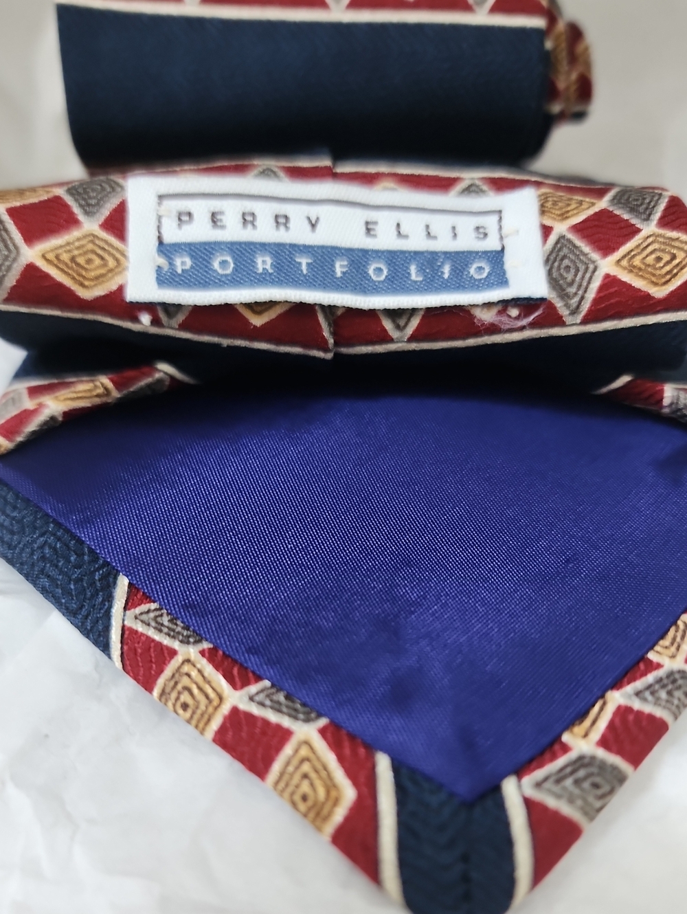 Perry Ellis Portfolio Men's Red, Gold And Blue Silk Tie with Blue Lining